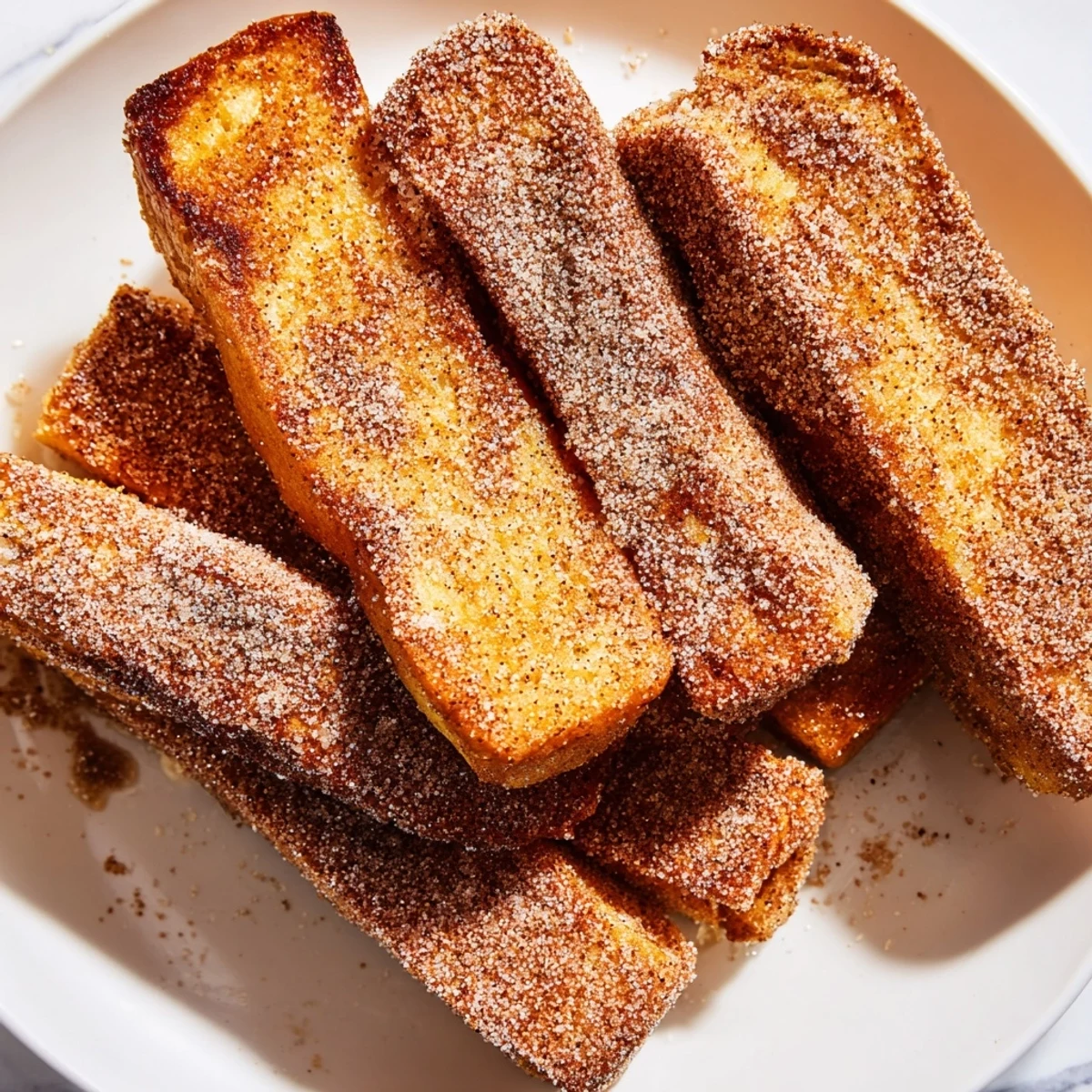 Fluffy cinnamon French toast sticks tossed in cinnamon sugar, served warm for breakfast