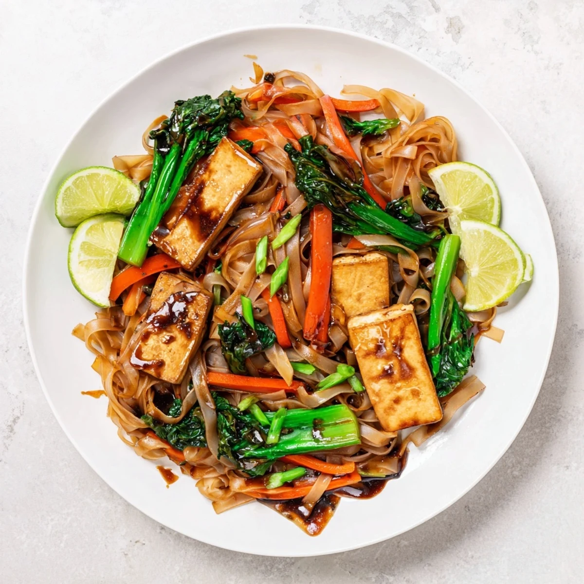 Golden wide rice noodles stir-fried with crisp tofu and Chinese broccoli in savory vegan Pad See Ew