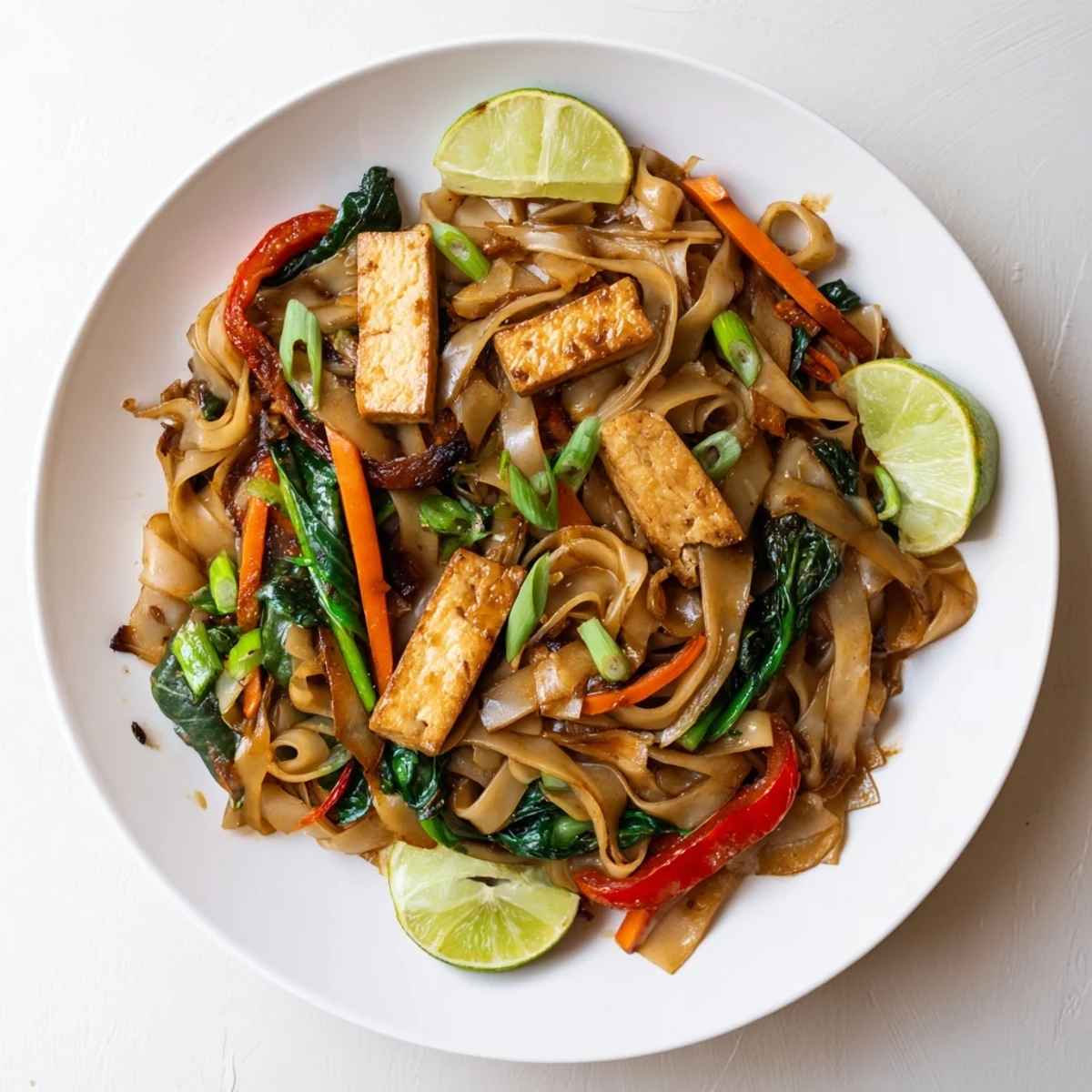 Steamy plate of vegan Pad See Ew featuring wide noodles coated in dark soy sauce with colorful vegetables