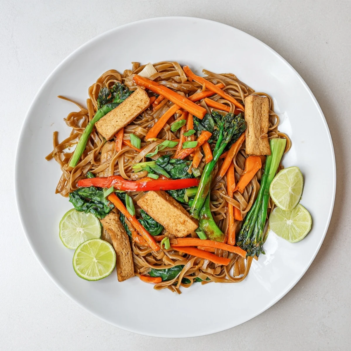 Wok-tossed vegan Pad See Ew with tender rice noodles, garlicky tofu strips, and fresh green onion garnish