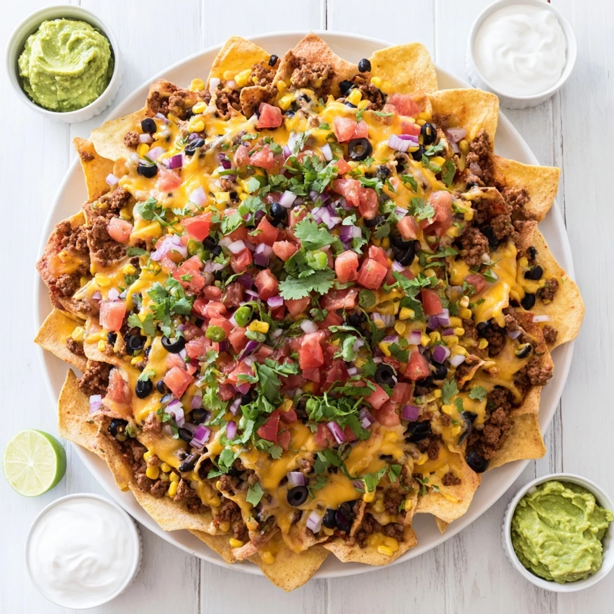 Golden Bundt pan nachos piled high with melted cheese and colorful toppings