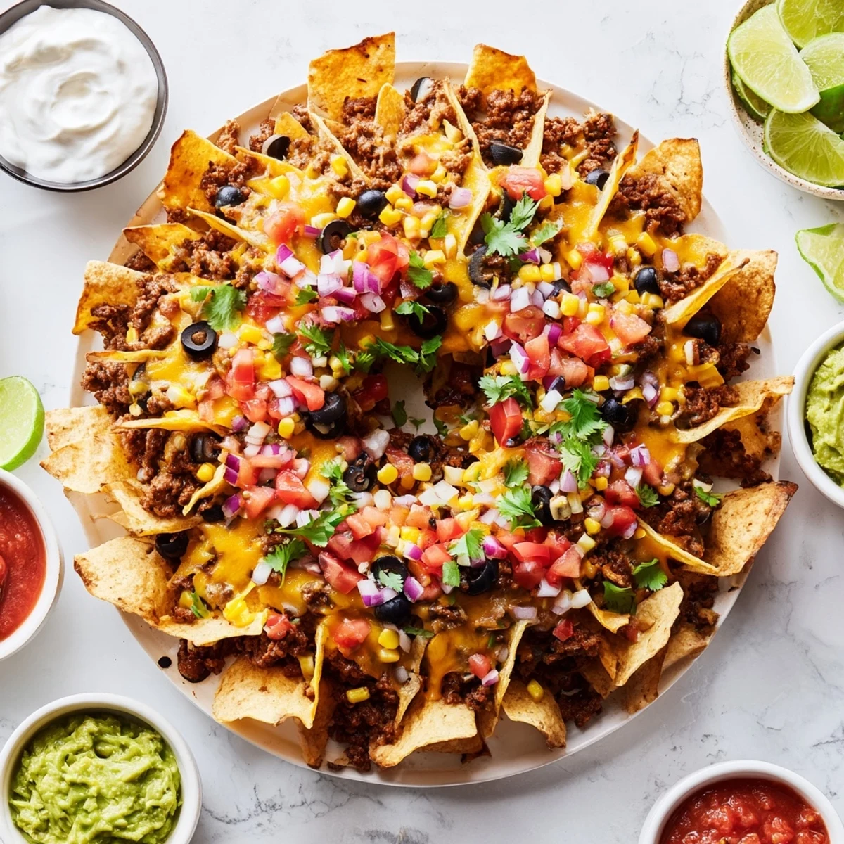 Ring-shaped nachos baked to crispy perfection with cheddar Monterey Jack and beans