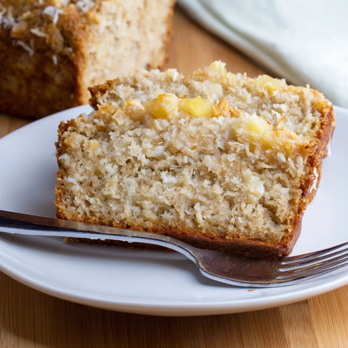 Slice of warm coconut pineapple banana bread on a white plate