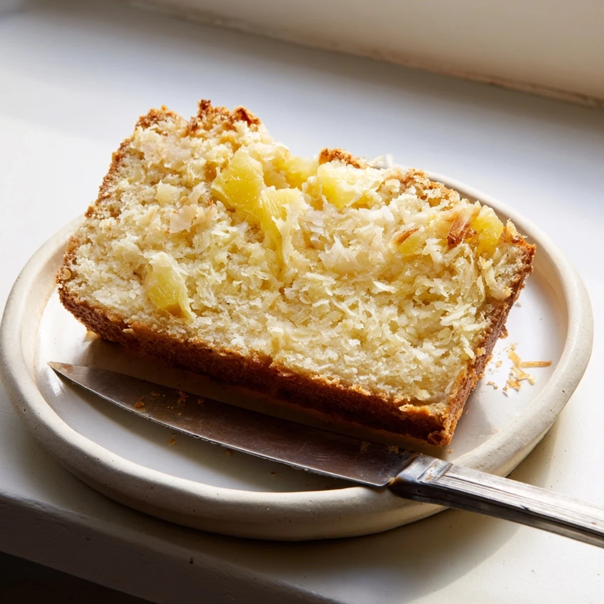 Slice of moist pineapple coconut bread revealing tropical fruit pieces and fluffy texture