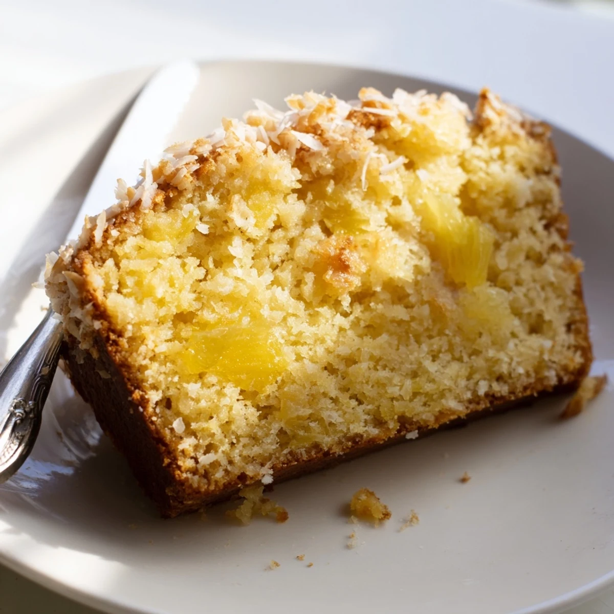 Golden pineapple coconut bread loaf topped with shredded coconut on a wooden cutting board