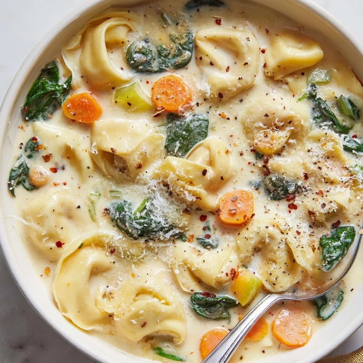 Creamy Instant Pot tortellini soup with tender vegetables and cheese-filled pasta in a rich broth