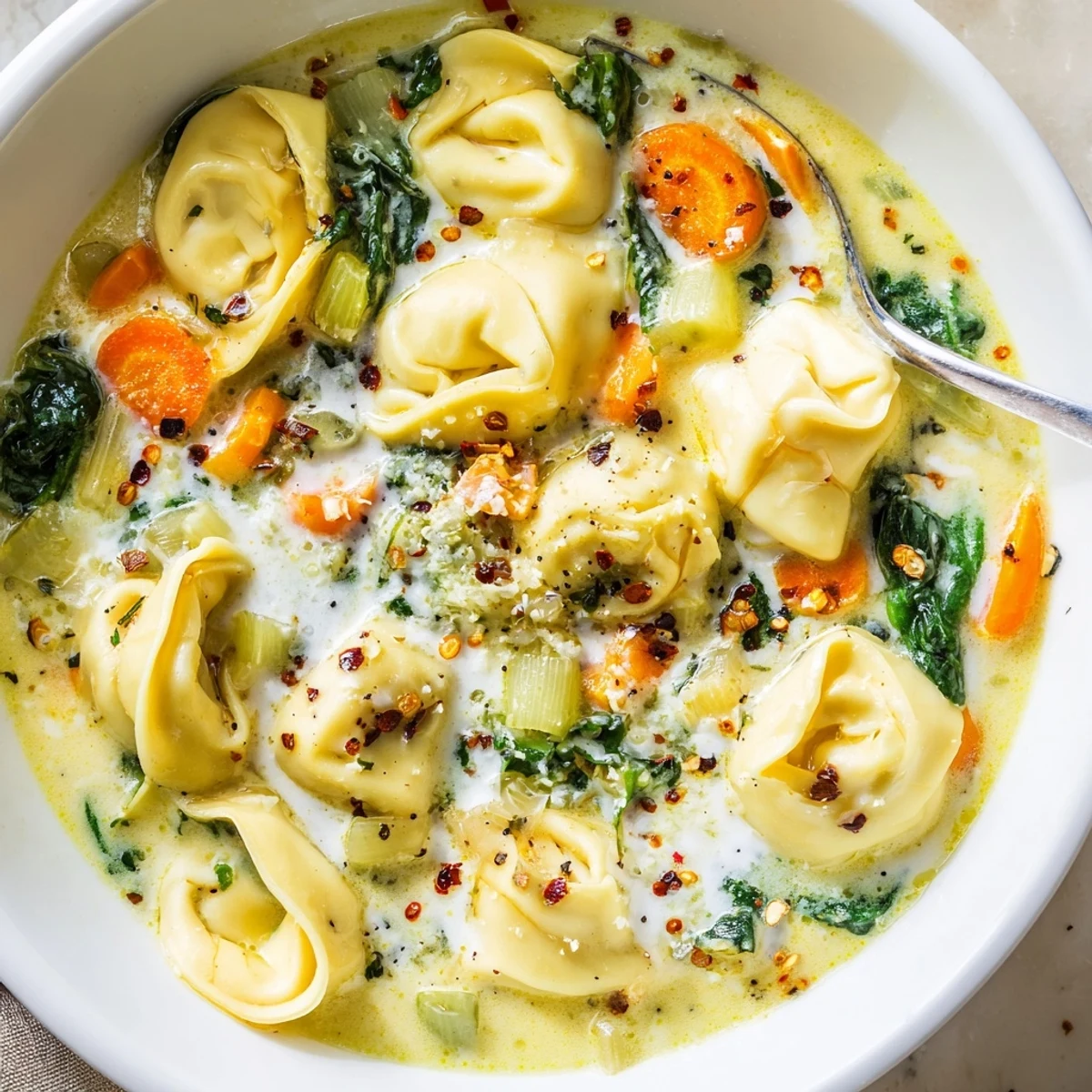 Steaming bowl of cheese tortellini soup topped with grated Parmesan and fresh spinach