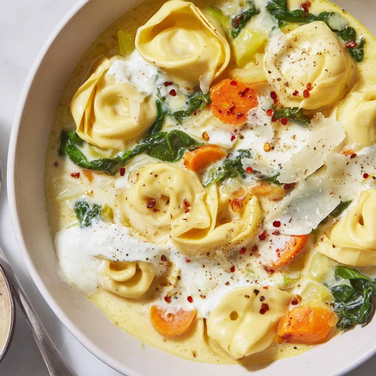 Golden cheese tortellini floating in a creamy vegetable broth made in the Instant Pot