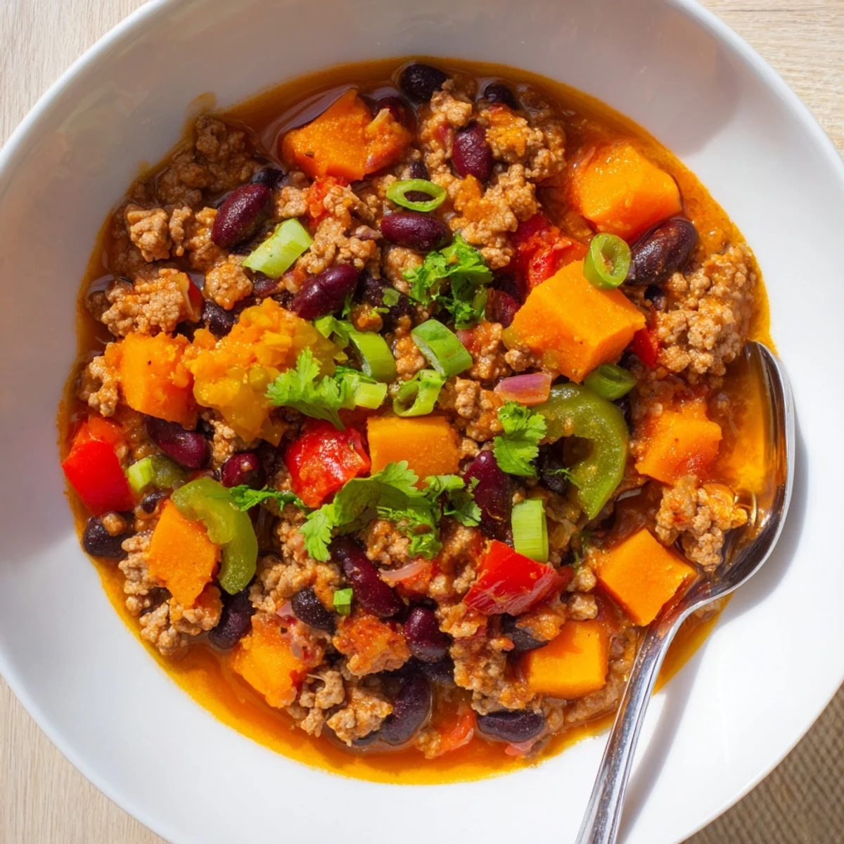 Hearty bowl of turkey pumpkin chili topped with cilantro, green onions, and melted cheese