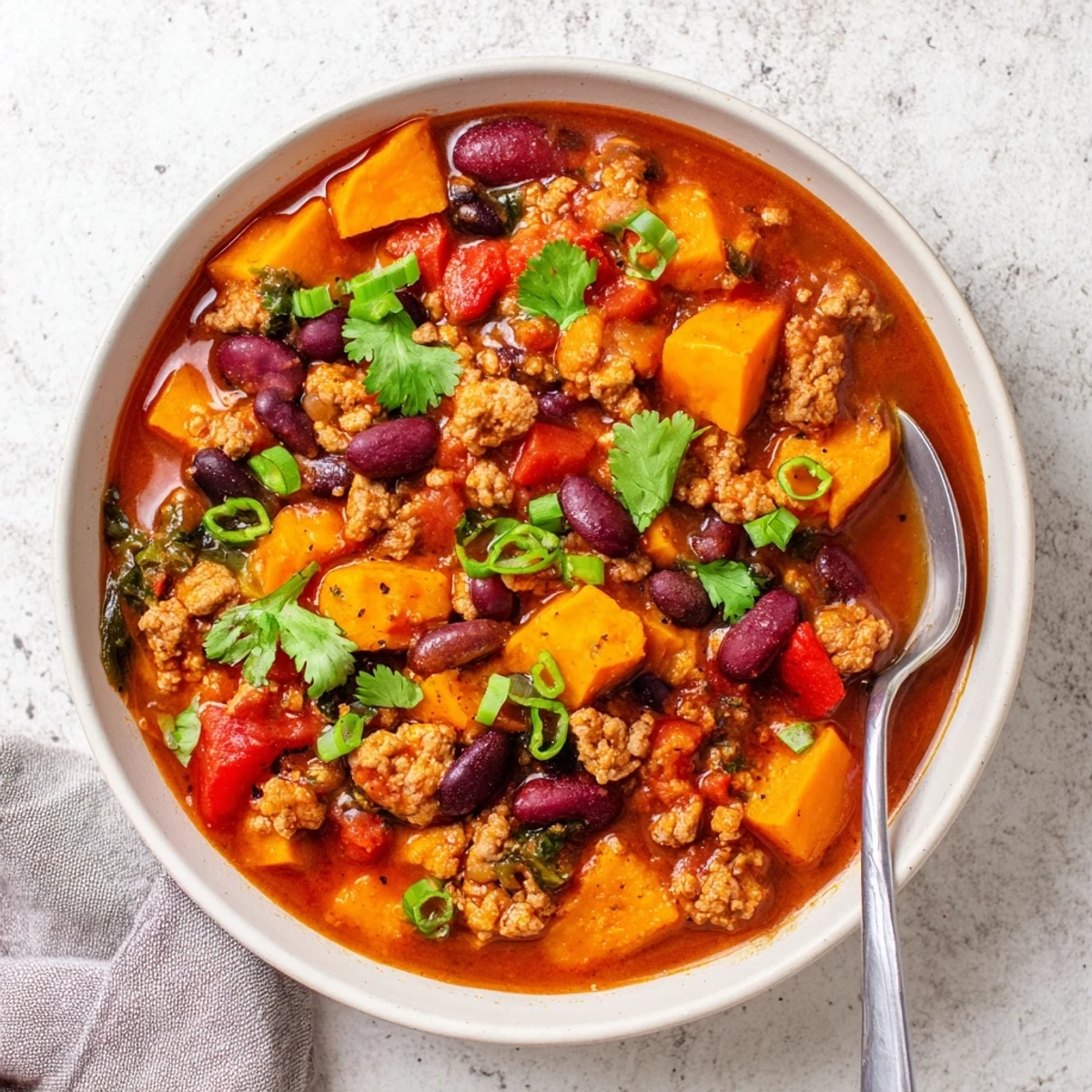 Rustic pot of simmering turkey pumpkin chili with beans and warming spices, ready to serve