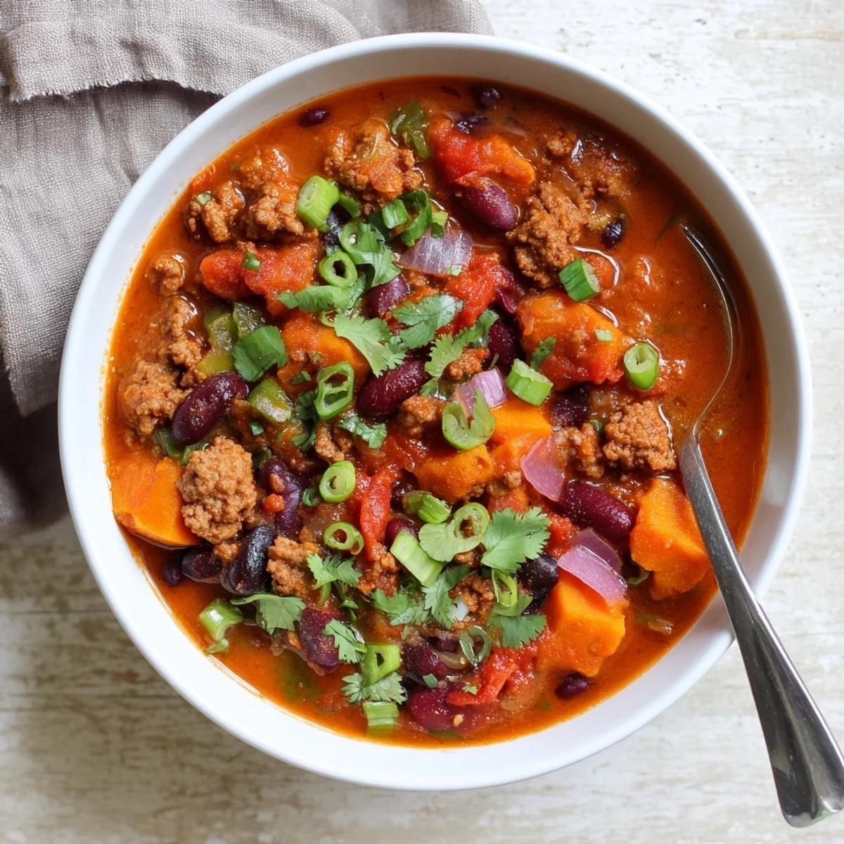 Creamy orange turkey pumpkin chili steaming in a white bowl, garnished with fresh cilantro