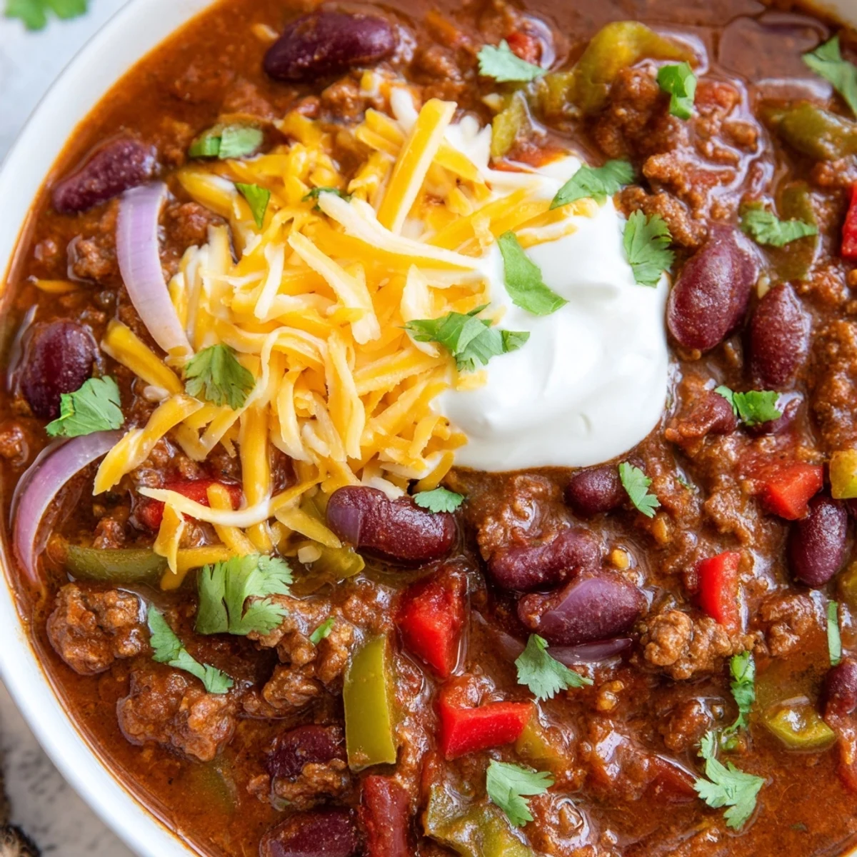 Hearty bowl of chili con carne topped with melted cheddar cheese and fresh cilantro