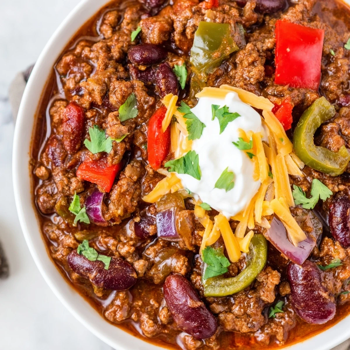Rich chili con carne simmering in a Dutch oven with tender beef and colorful bell peppers