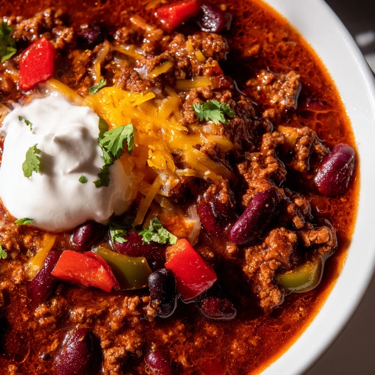 Spoonful of thick chili con carne featuring red kidney beans, black beans, and seasoned ground beef