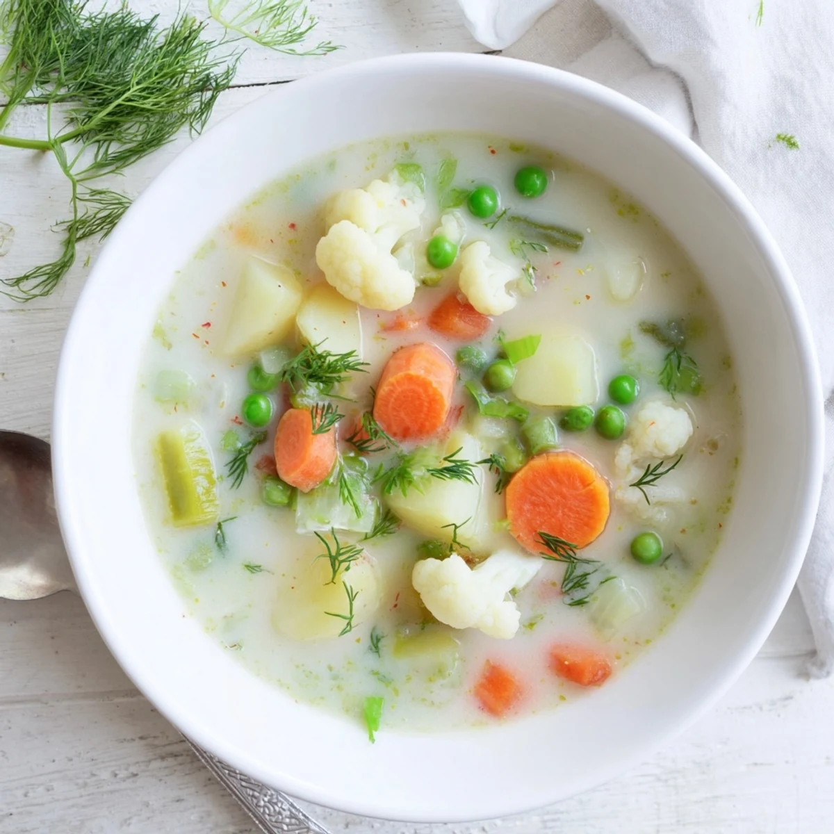 Creamy Finnish Kesäkeitto soup with colorful summer vegetables and fresh dill garnish