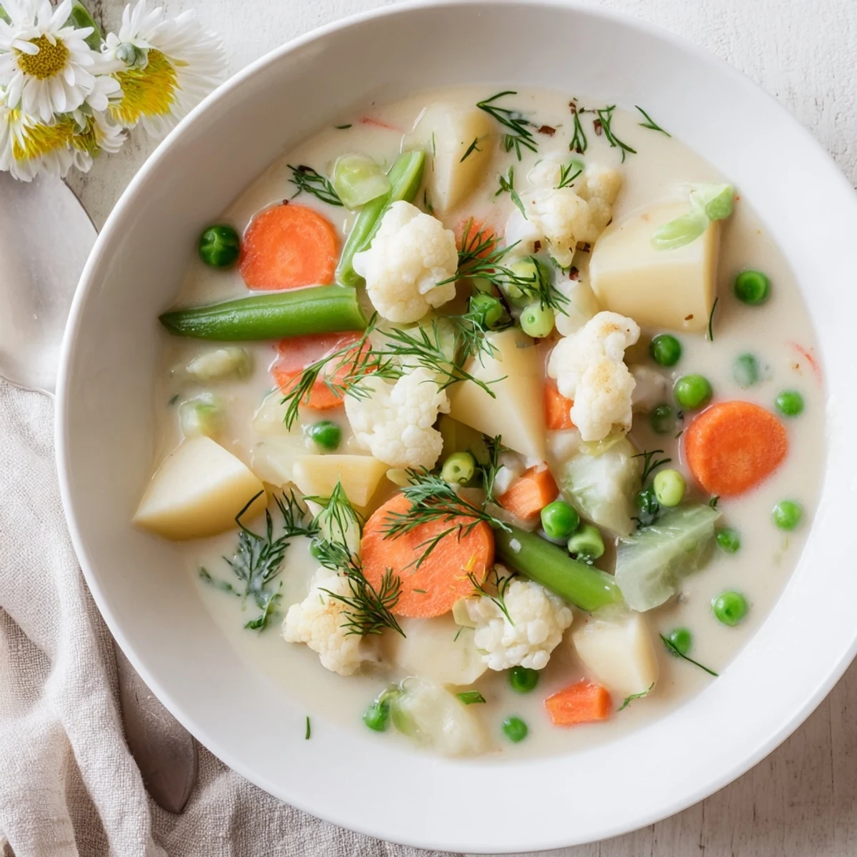 Bowl of traditional Finnish Kesäkeitto featuring tender potatoes carrots cauliflower and green beans