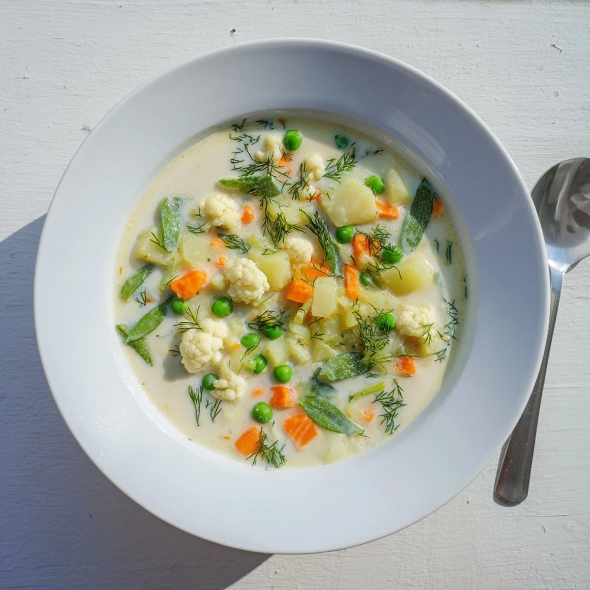 Light summer Finnish Kesäkeitto soup with cream milk and vibrant garden vegetables