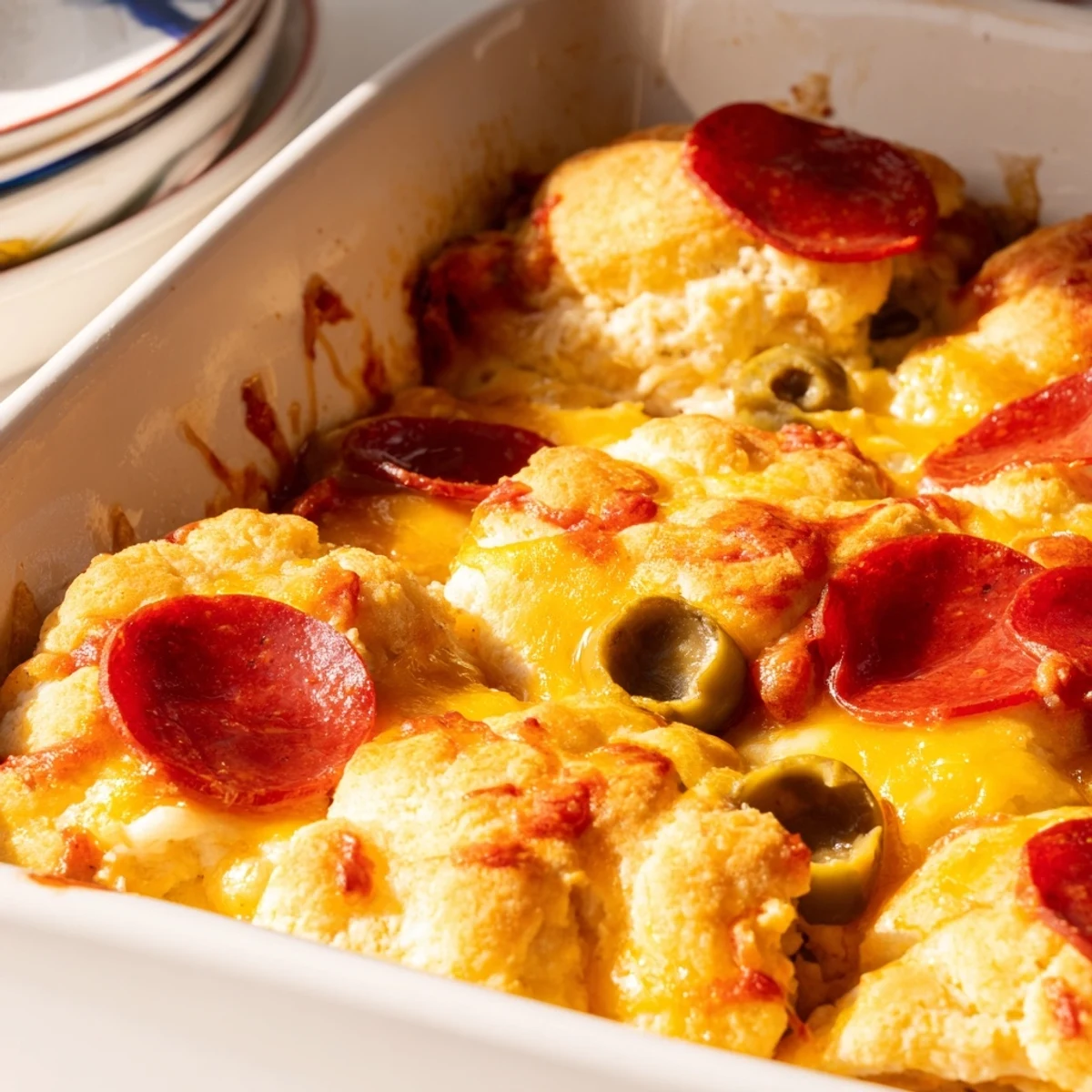 Family-friendly bubble up biscuit pizza casserole fresh from the oven with pepperoni and olives