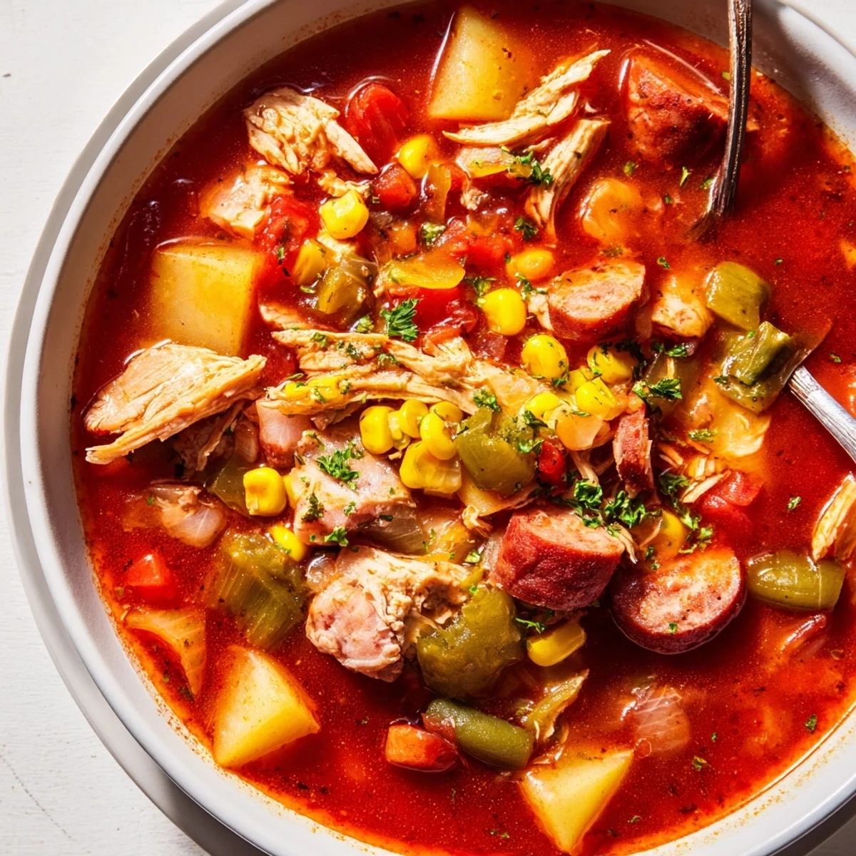 Steaming bowl of Brunswick Stew featuring chunks of chicken, pork, and vegetables in rich tomato broth
