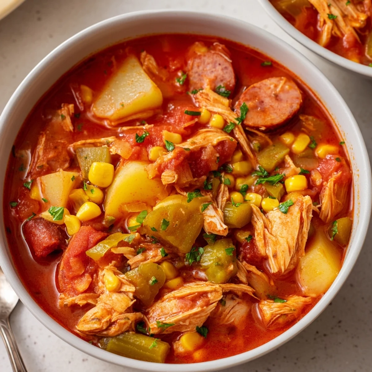 Hearty Brunswick Stew simmered to perfection with tender meats, corn, lima beans, and potatoes in savory red sauce