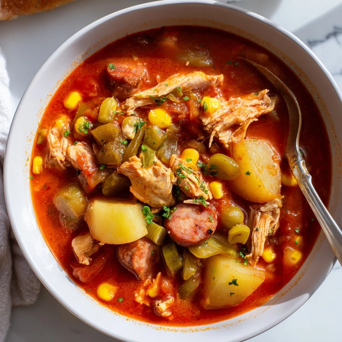 Traditional Southern Brunswick Stew ladled into white bowl, garnished with fresh parsley alongside crusty cornbread