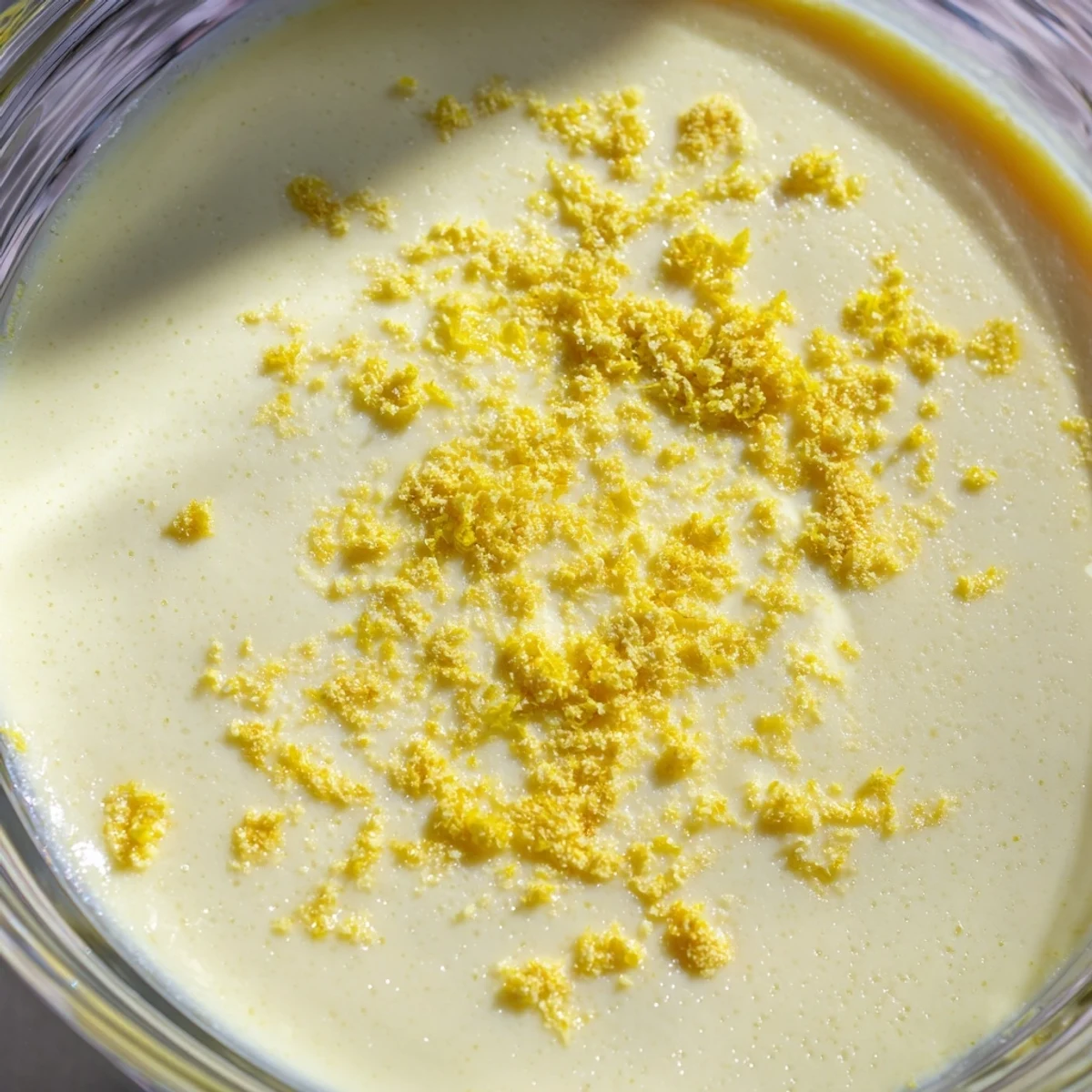 Golden lemon posset dessert topped with citrus zest and fresh raspberries on plate