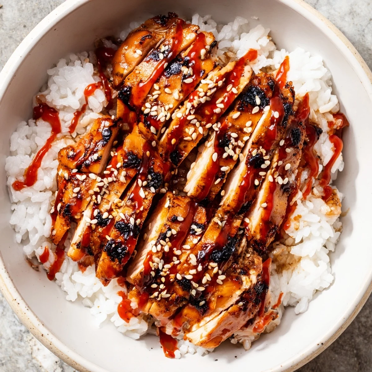 Golden grilled chicken glazed in sweet Korean BBQ sauce over fluffy white rice with colorful shredded vegetables and spicy gochujang mayo drizzle