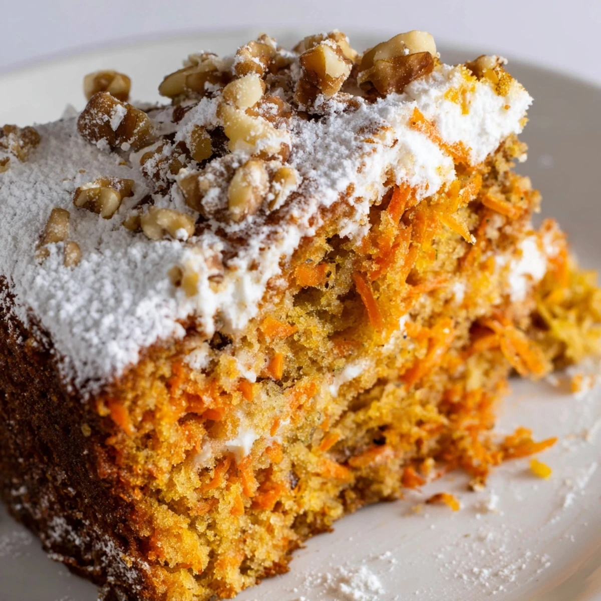 Golden slice of Greek yogurt carrot cake topped with cream cheese frosting and walnut garnish