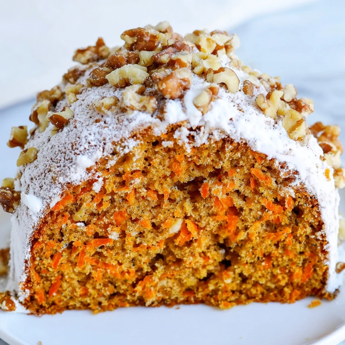 Homemade Greek yogurt carrot cake one bowl dessert served on white plate with powdered sugar