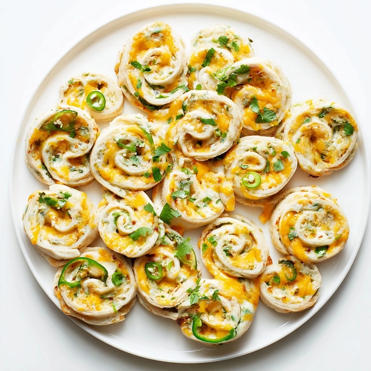 Close-up of spiral easy jalapeno popper pinwheels showing creamy cheese filling and bits of green jalapeño