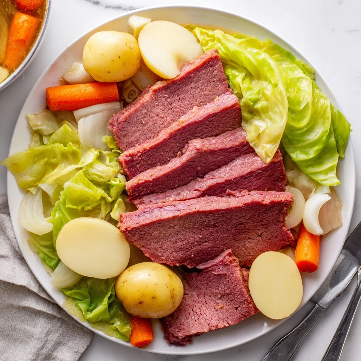 Golden corned beef brisket nestled beside tender cabbage wedges and hearty root vegetables
