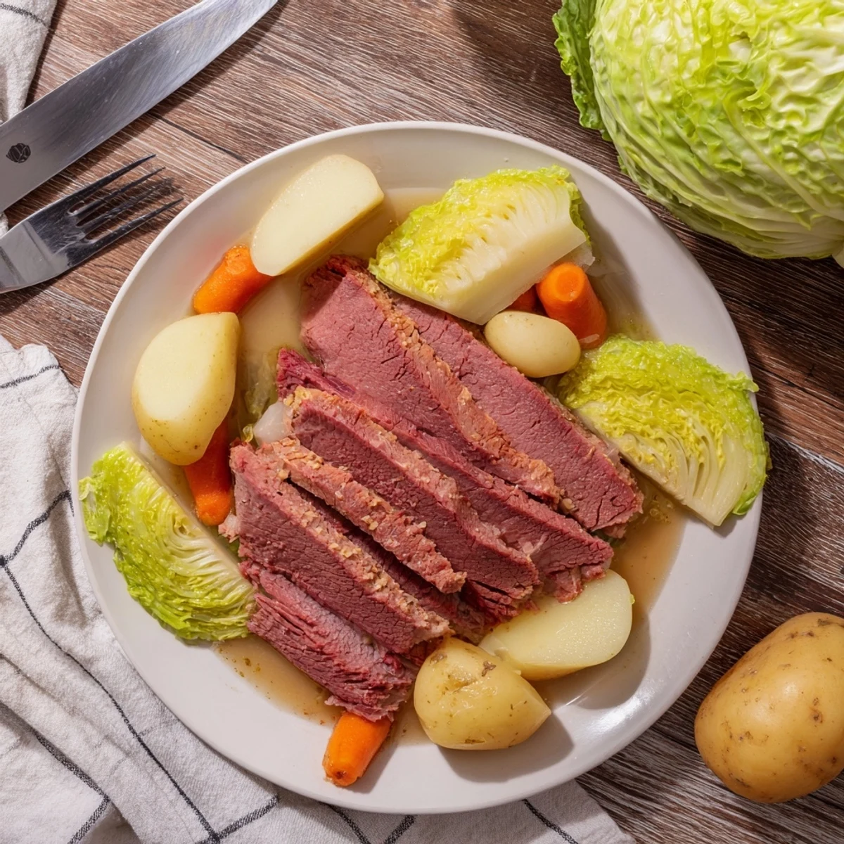 Slow cooker corned beef and cabbage steaming in a rustic serving bowl with broth