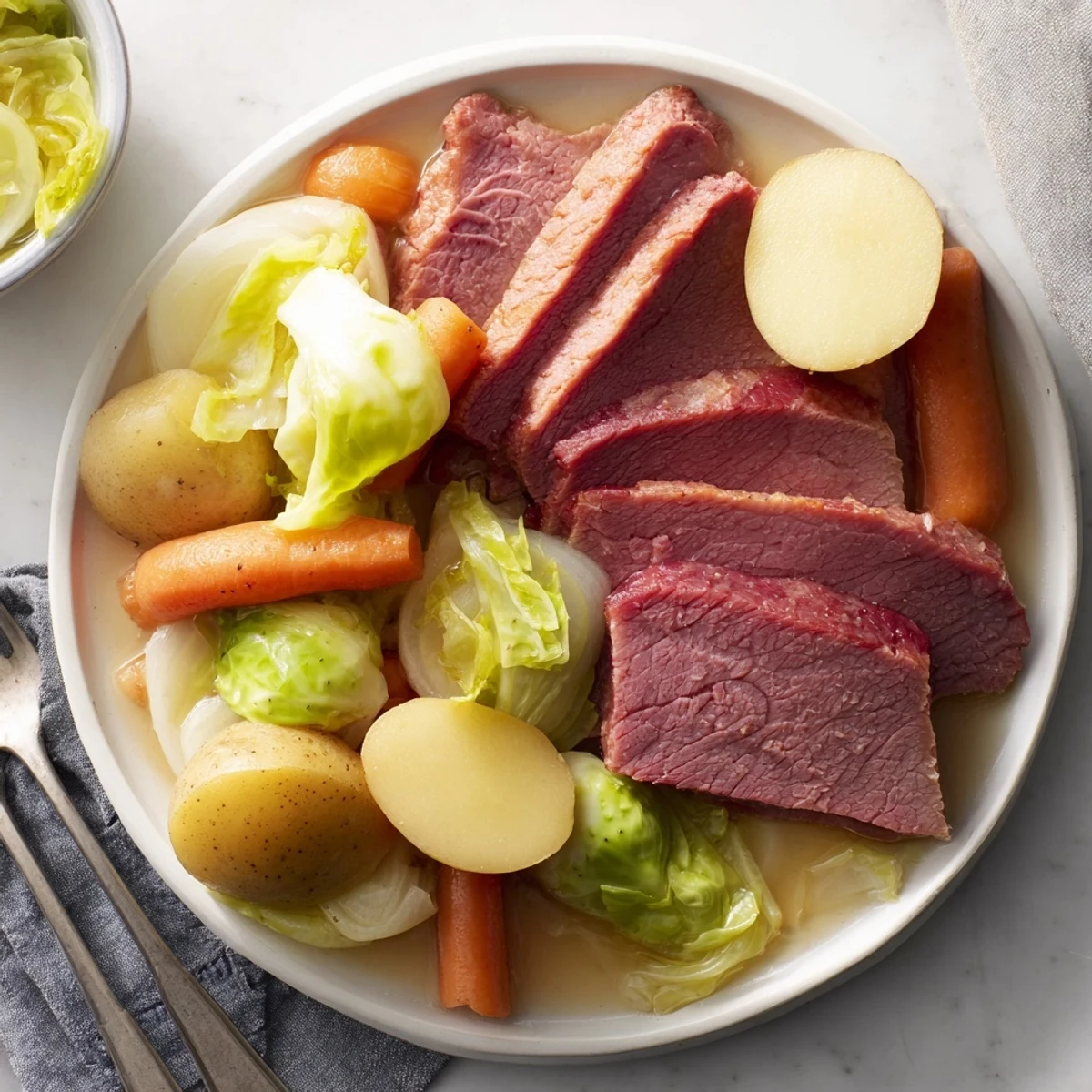 Fork-tender slices of corned beef arranged over colorful carrots potatoes and green cabbage