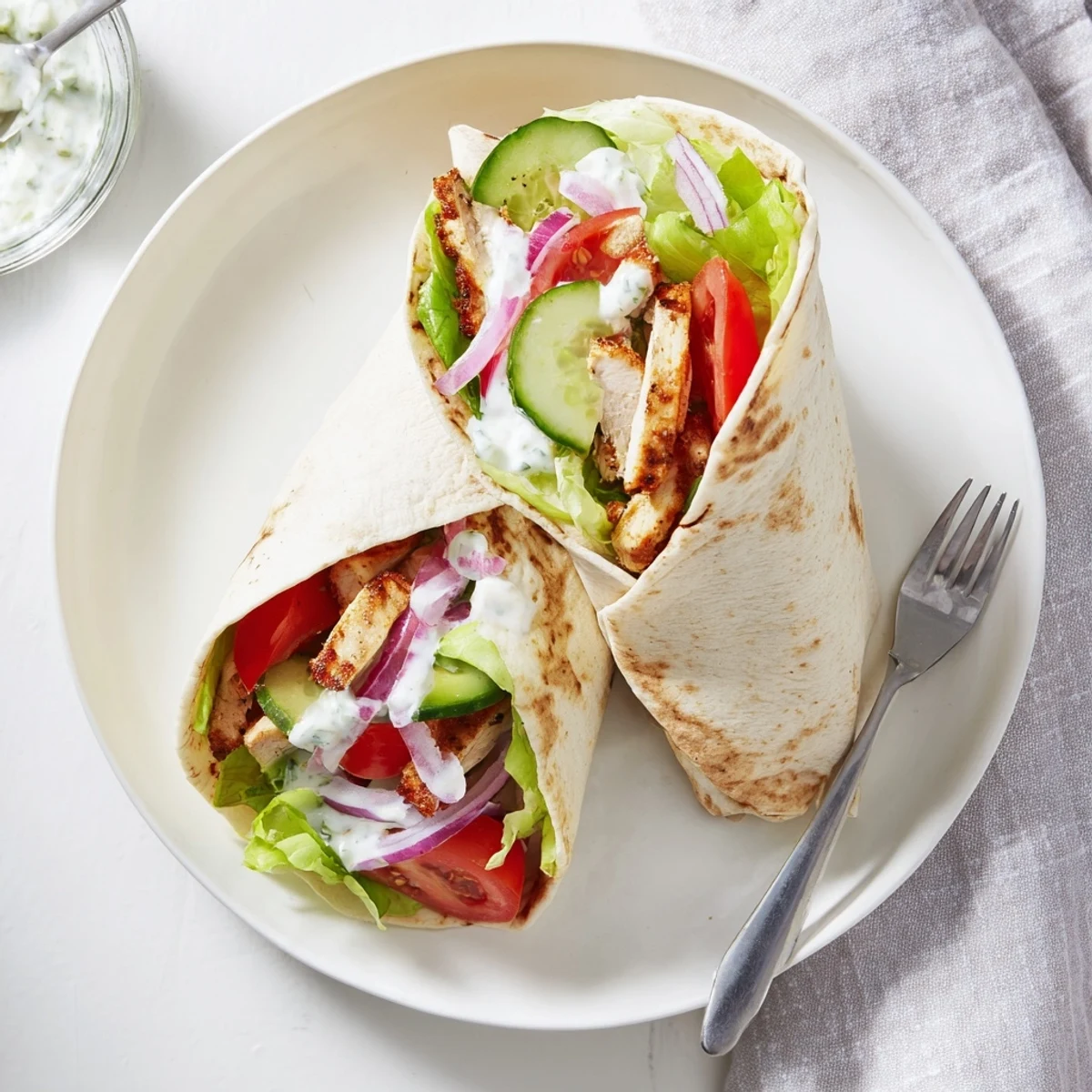 Golden cottage cheese flatbread wrapped around seasoned grilled chicken and colorful fresh vegetables