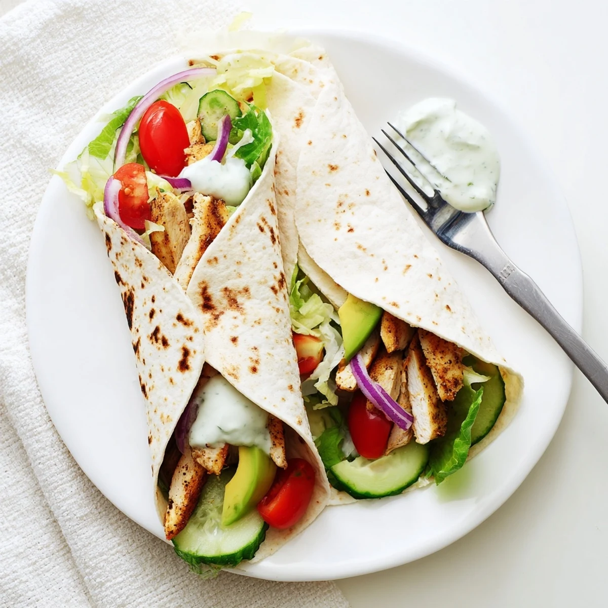 Protein-packed crispy flatbread chicken wrap filled with lettuce, tomato, avocado, and creamy yogurt dressing