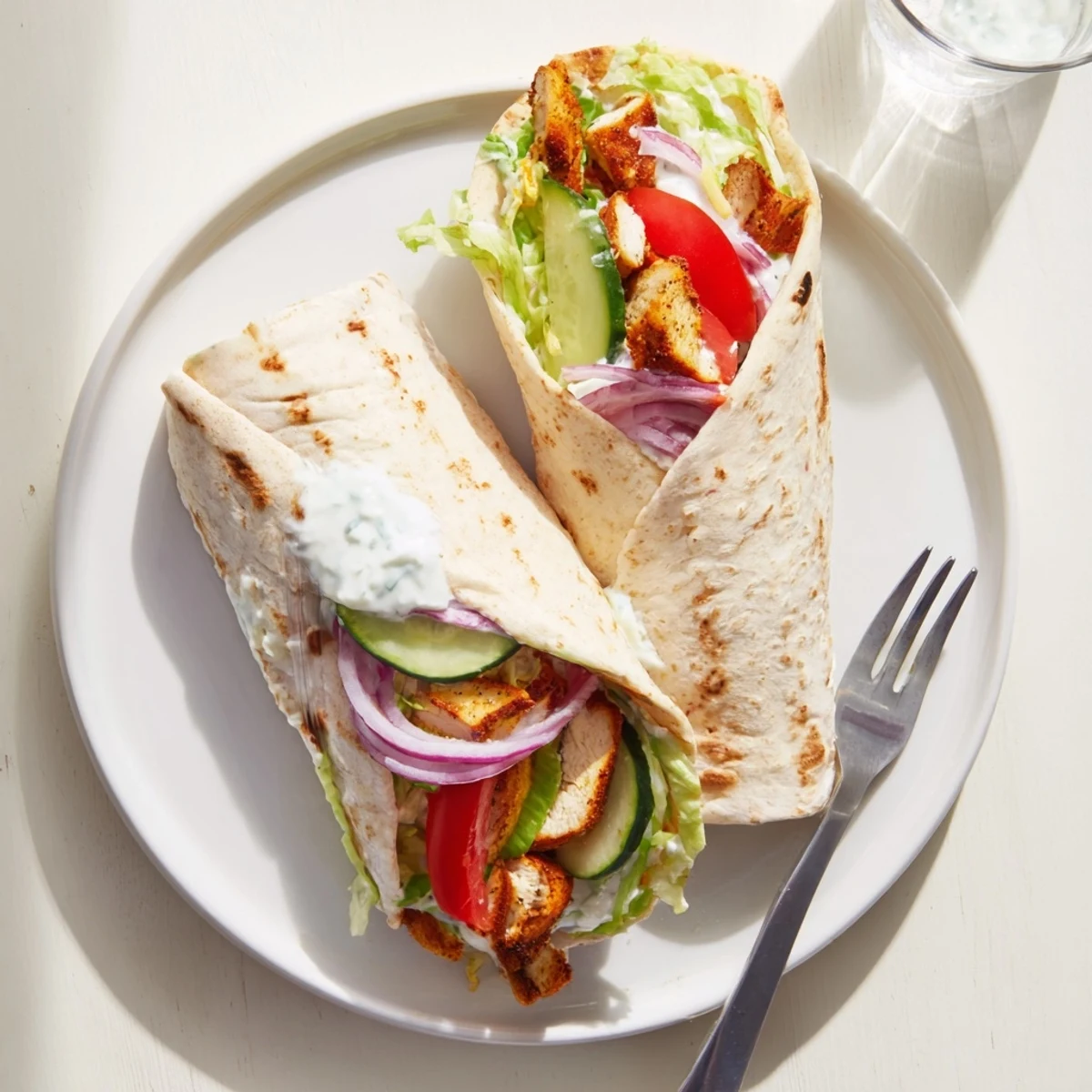 Whole wheat chicken wrap featuring crispy cottage cheese flatbread layered with grilled meat and crisp veggies