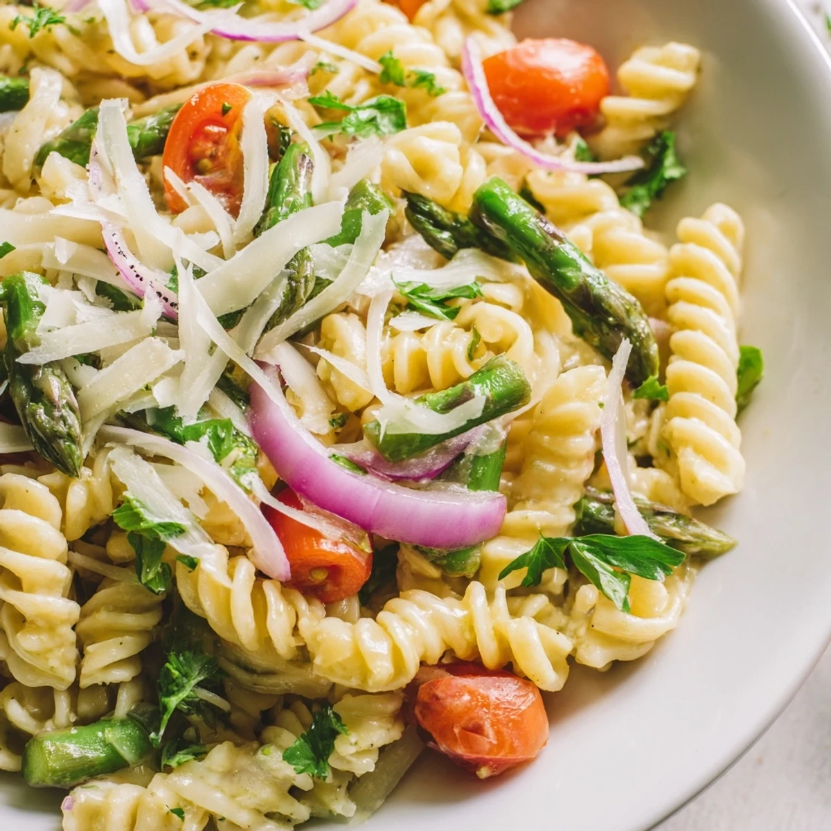 Colorful lemon asparagus pasta salad with cherry tomatoes and fresh parsley in a bowl