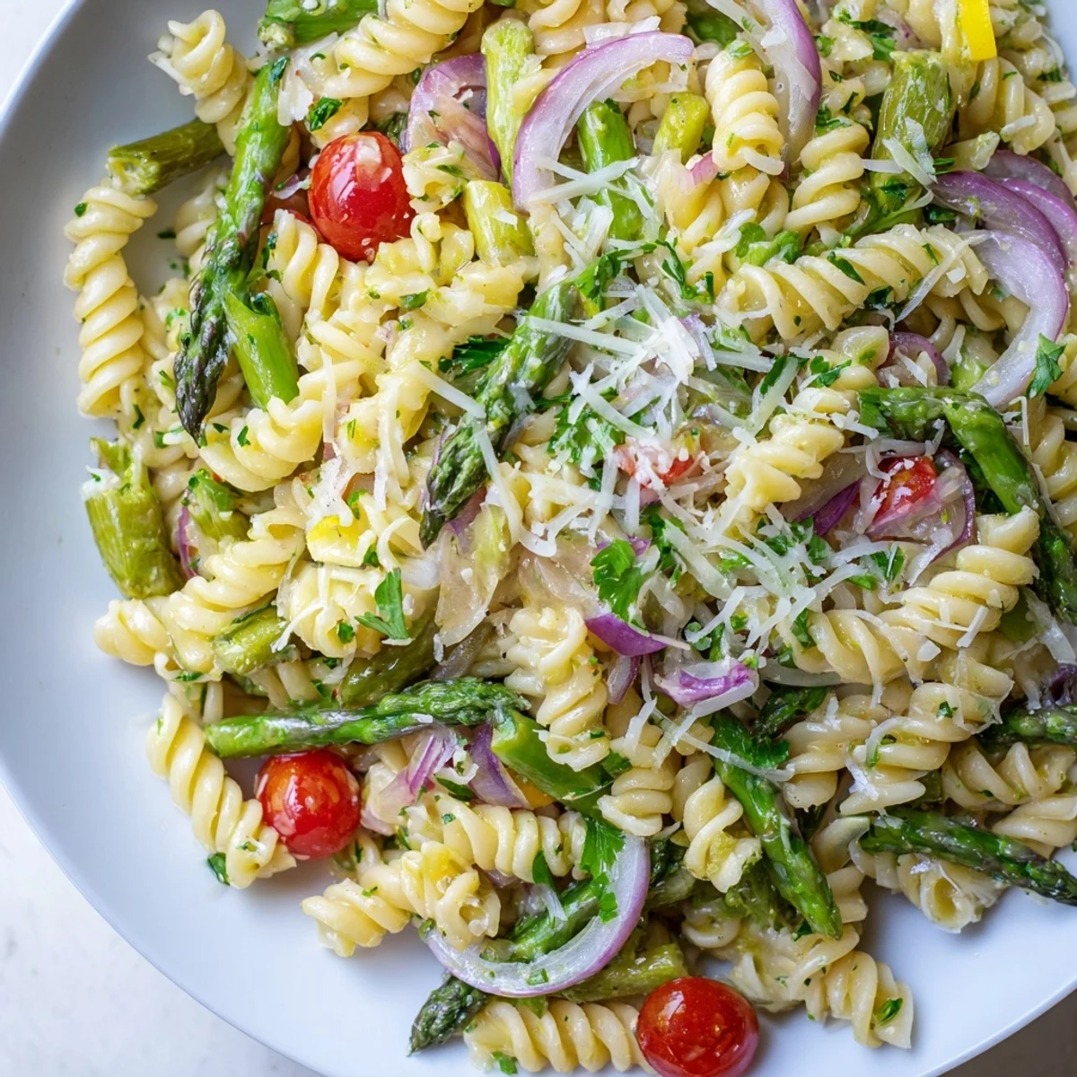 Zesty lemon asparagus pasta salad featuring red onion and parmesan garnish on a white plate
