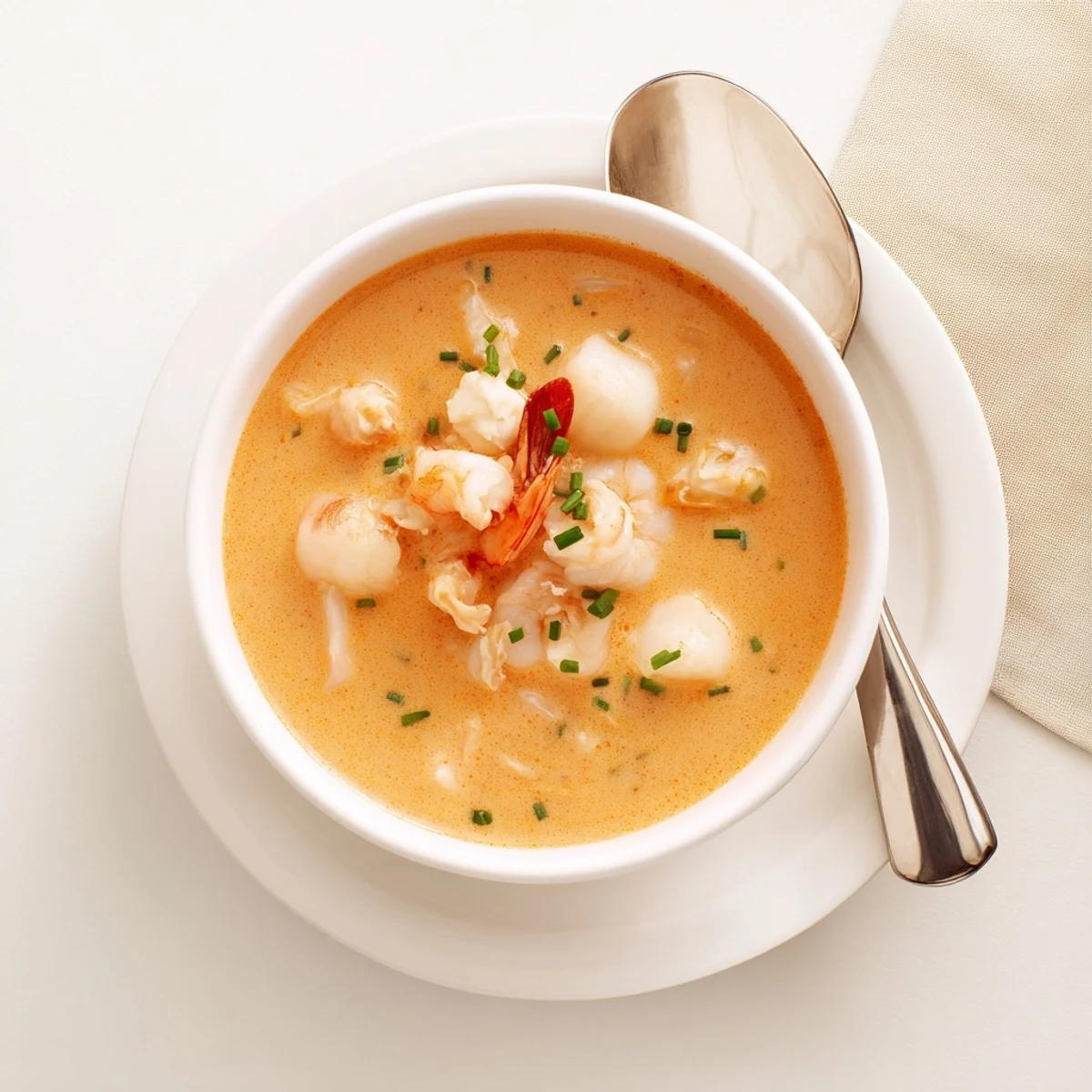 Rich French seafood bisque garnished with fresh chives and served with crusty bread