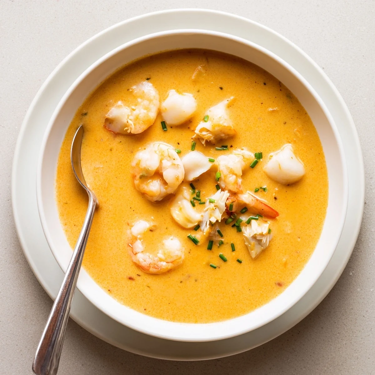 Velvety smooth seafood bisque featuring lump crab meat and delicate aromatic spices