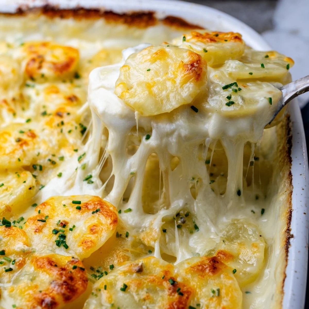 Creamy scalloped potatoes layered with rich Gruyère cheese baked to golden brown perfection