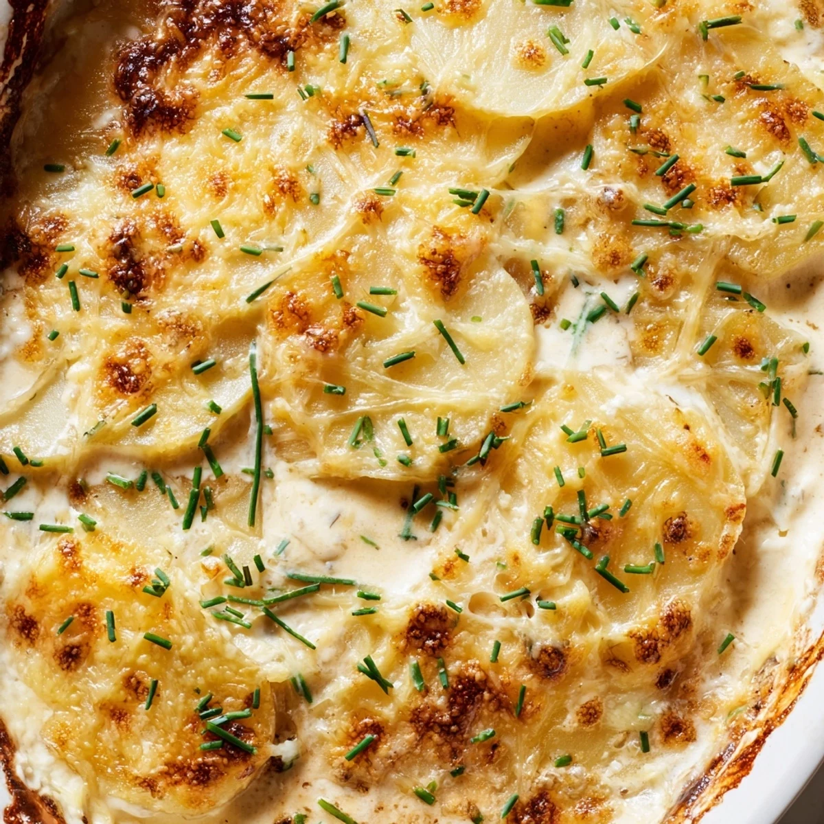 Tender potato slices in creamy sauce topped with bubbly Gruyère cheese crust, freshly baked