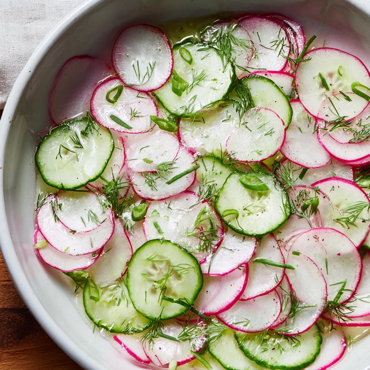 Crisp radish and cucumber salad featuring thinly sliced vegetables and chopped fresh dill