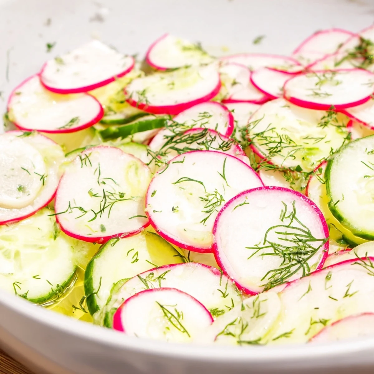Glowing bowl of radish and cucumber salad dressed with lemon and olive oil