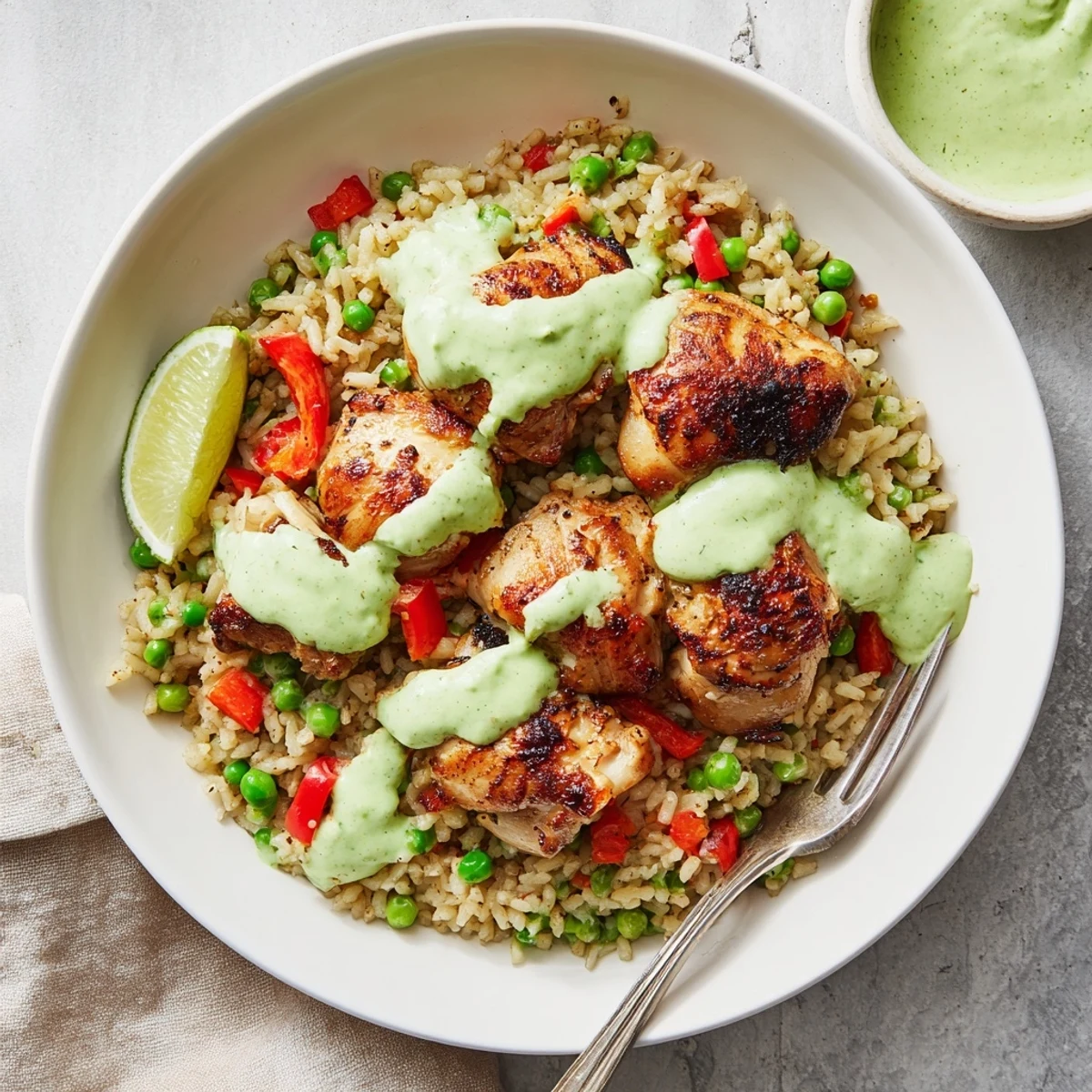 Golden Peruvian chicken rice plated with vibrant green sauce and fresh lime wedges