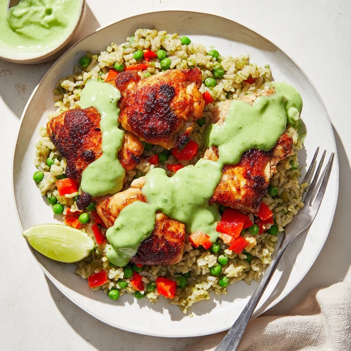 Steaming plate of Peruvian chicken rice featuring tender meat fluffy rice and creamy sauce