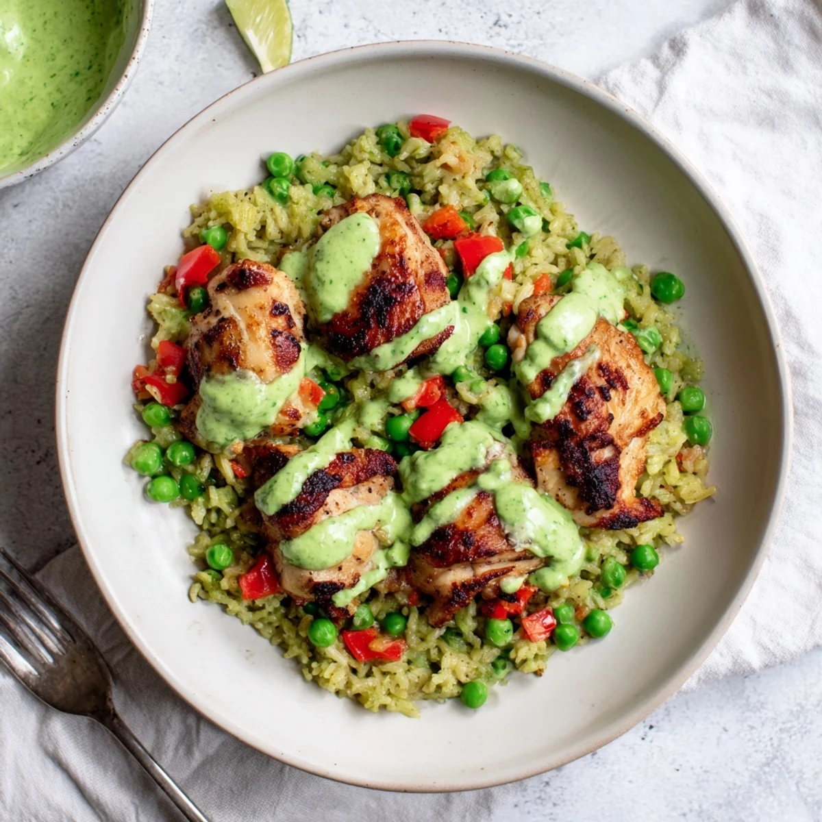 Comforting bowl of juicy Peruvian chicken rice drizzled with zesty herbaceous green sauce
