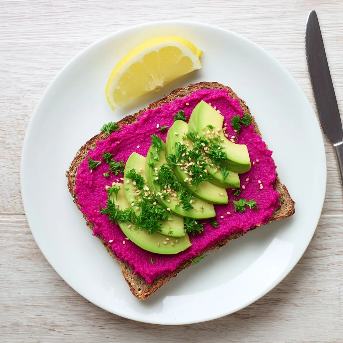 Mediterranean-inspired avocado beet hummus toast featuring pink beet spread over ripe avocado on golden sourdough slices.