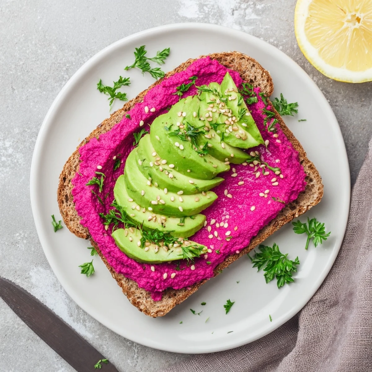 Open-faced avocado beet hummus breakfast toast garnished with parsley, sesame seeds, and fresh lemon wedges.