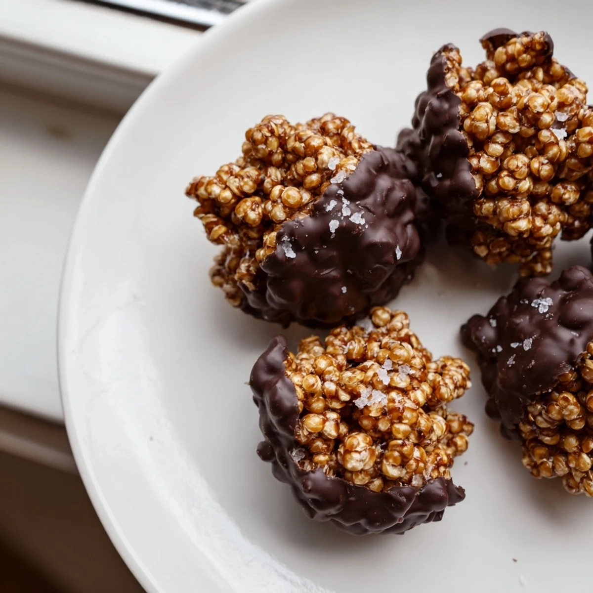 Golden dark chocolate quinoa crisps sprinkled with sea salt on a white plate